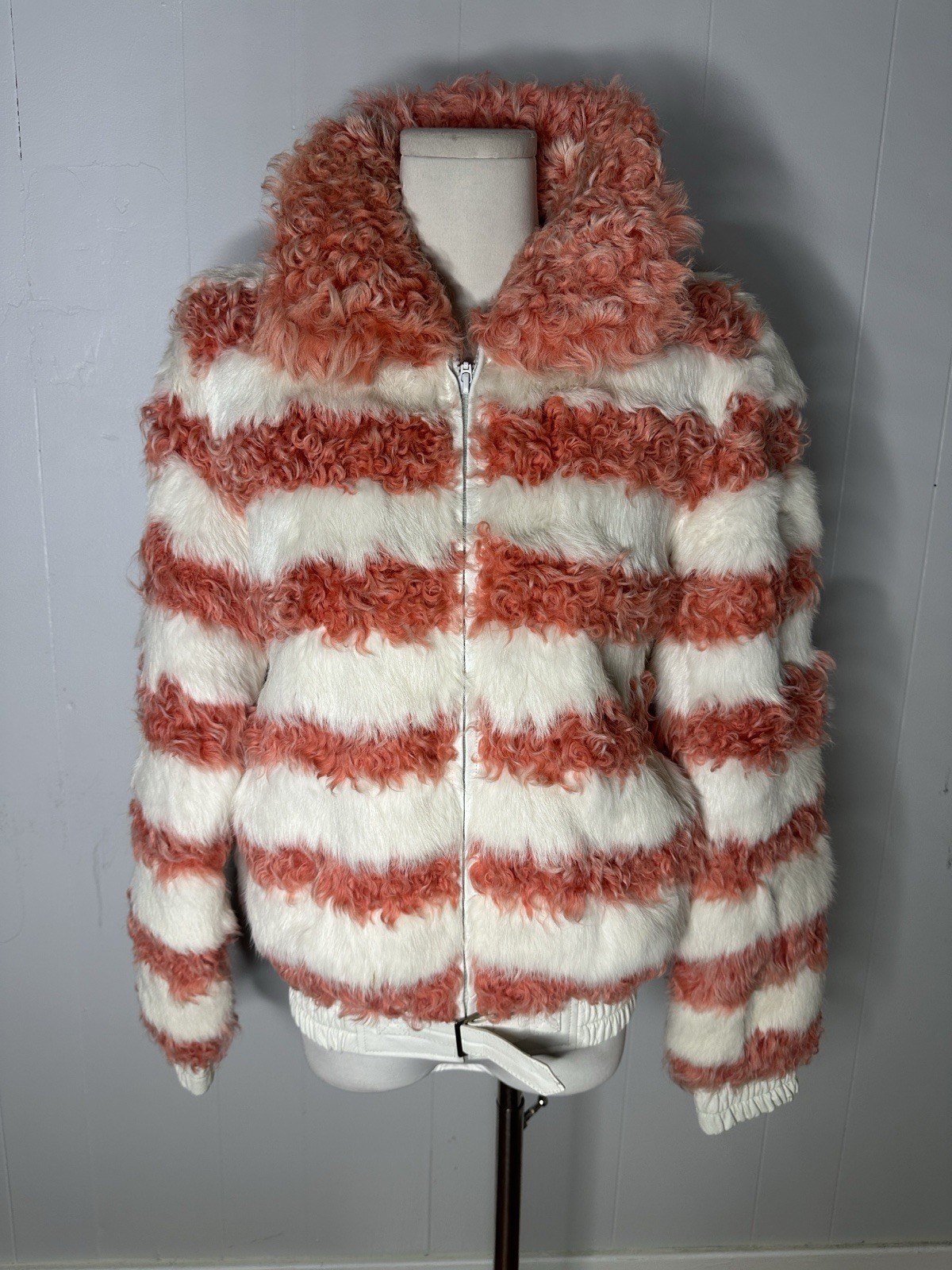 Vintage 80s Deadstock Mix Fur Pink White Stripe Bomber