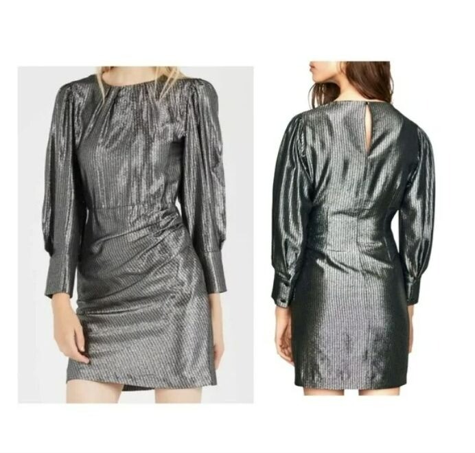 NWT Maje Ralery Mini Dress Argent Women\'s Striped Metallic Long Sleeve - Size 4