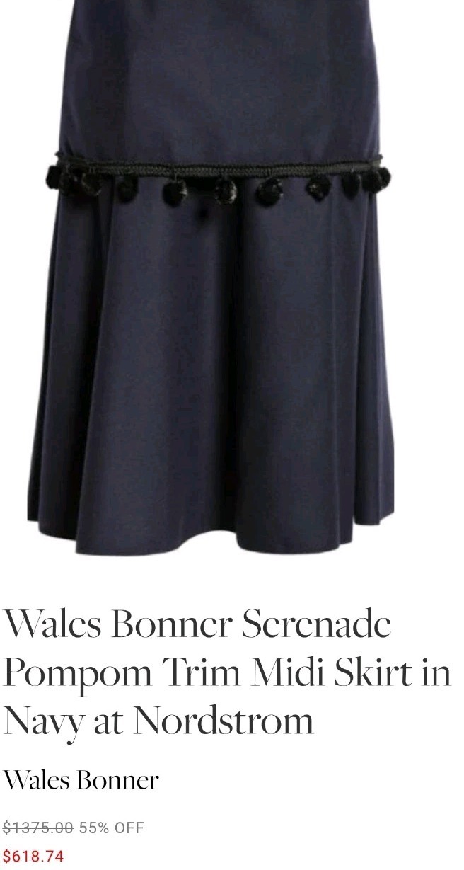 Wales Bonner Serenade Pompom Trim Midi Skirt Navy size 42 US size 4-6 $1375 MSRP