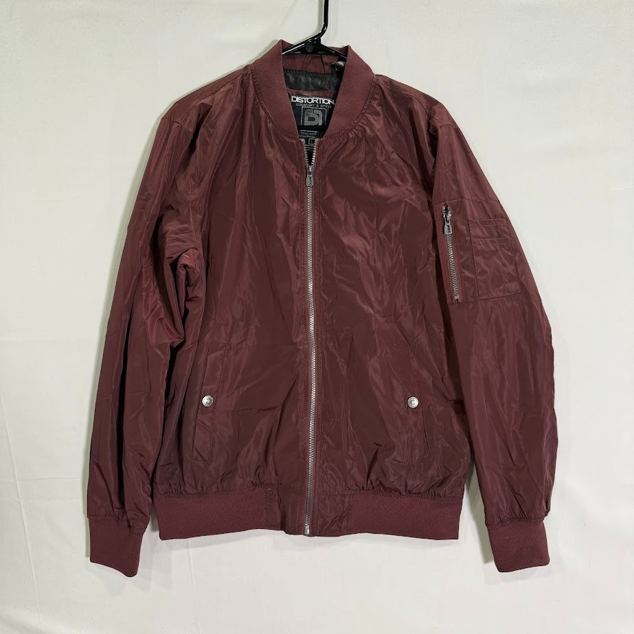 Distortion Mens Bomber Jacket Burgundy Full Zip Flight Jacket Size L Large