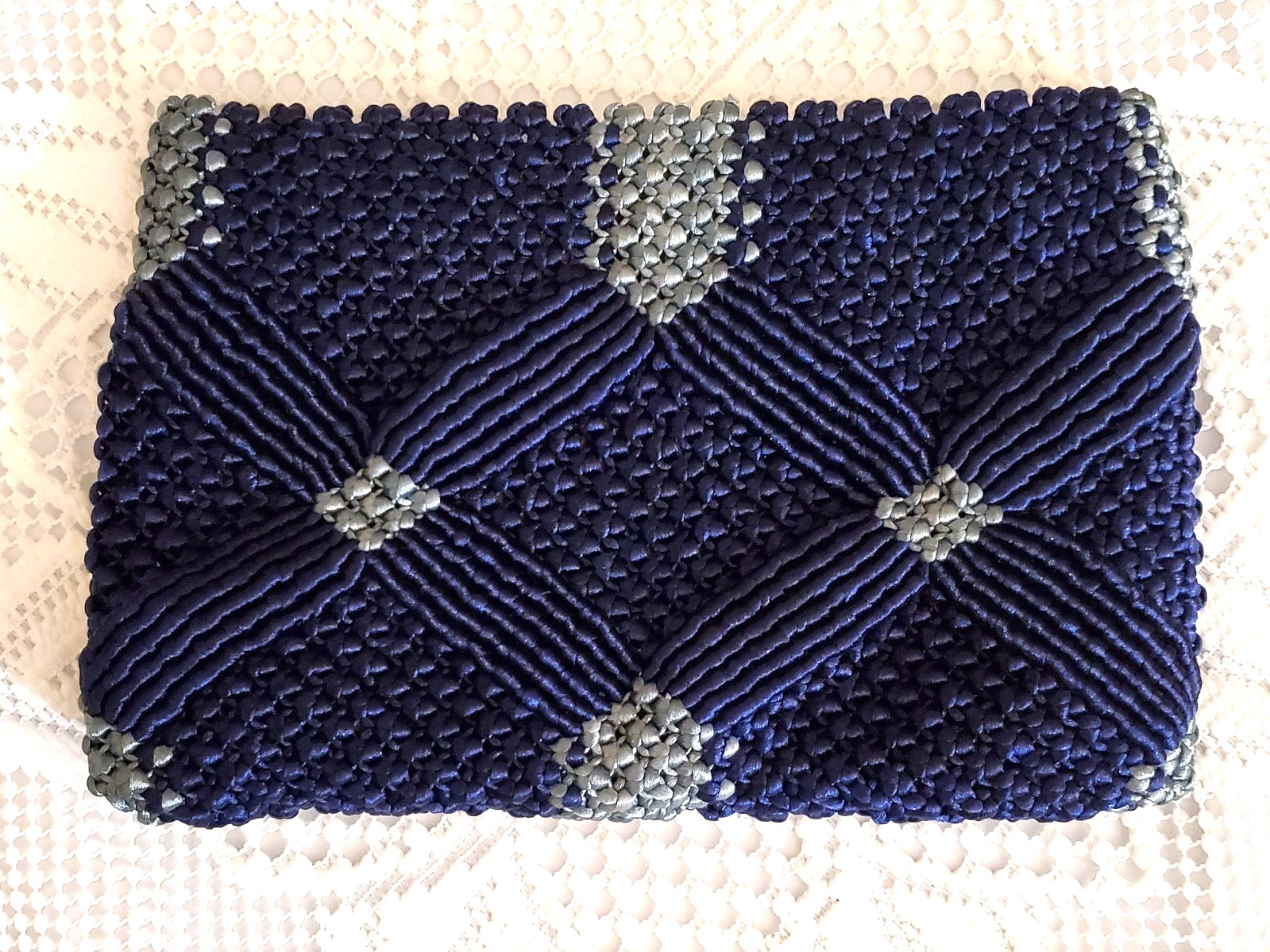 Handmade Macrame Clutch - Blue & Silver - EXC+