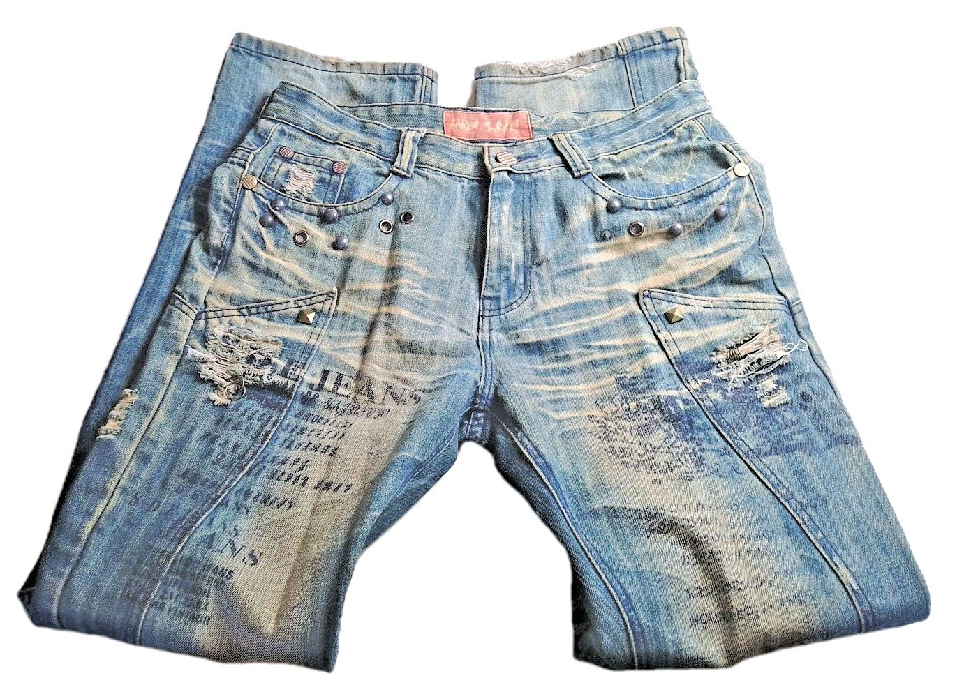 Rare Mens Vintage Crazy Race Pierced Studded Paneled Whiskered Jeans 32x 32 Y2K