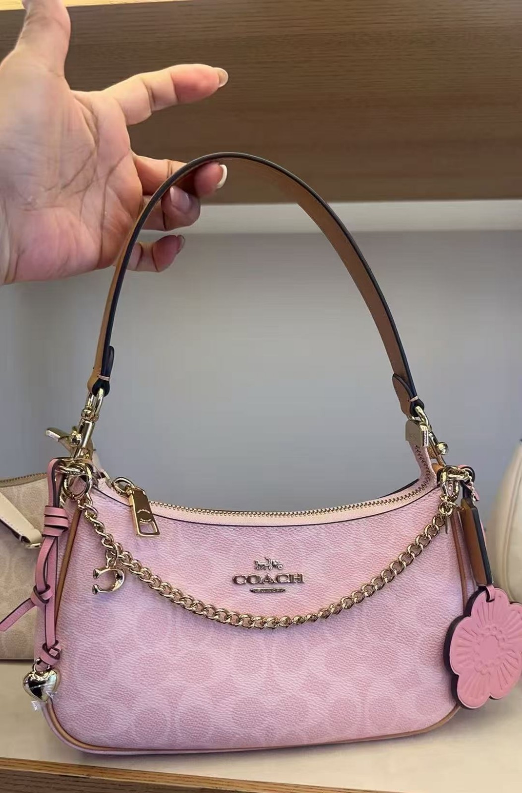 NWT Coach CEA20 Gold Powder Pink Teri Shoulder Bag Signature with Charms 
