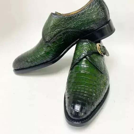 Handmade Men's Green Crocodile Shoes, Leather Monk Strap Office Shoes for Men