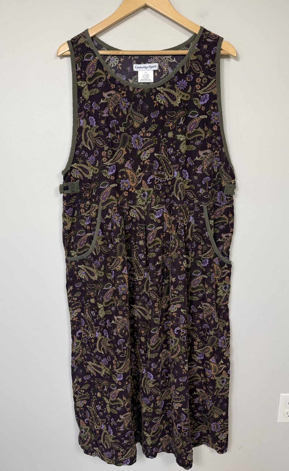Vintage Jumper Dress Womens XL Brown Paisley Corduroy Modest Long Cotton Pockets
