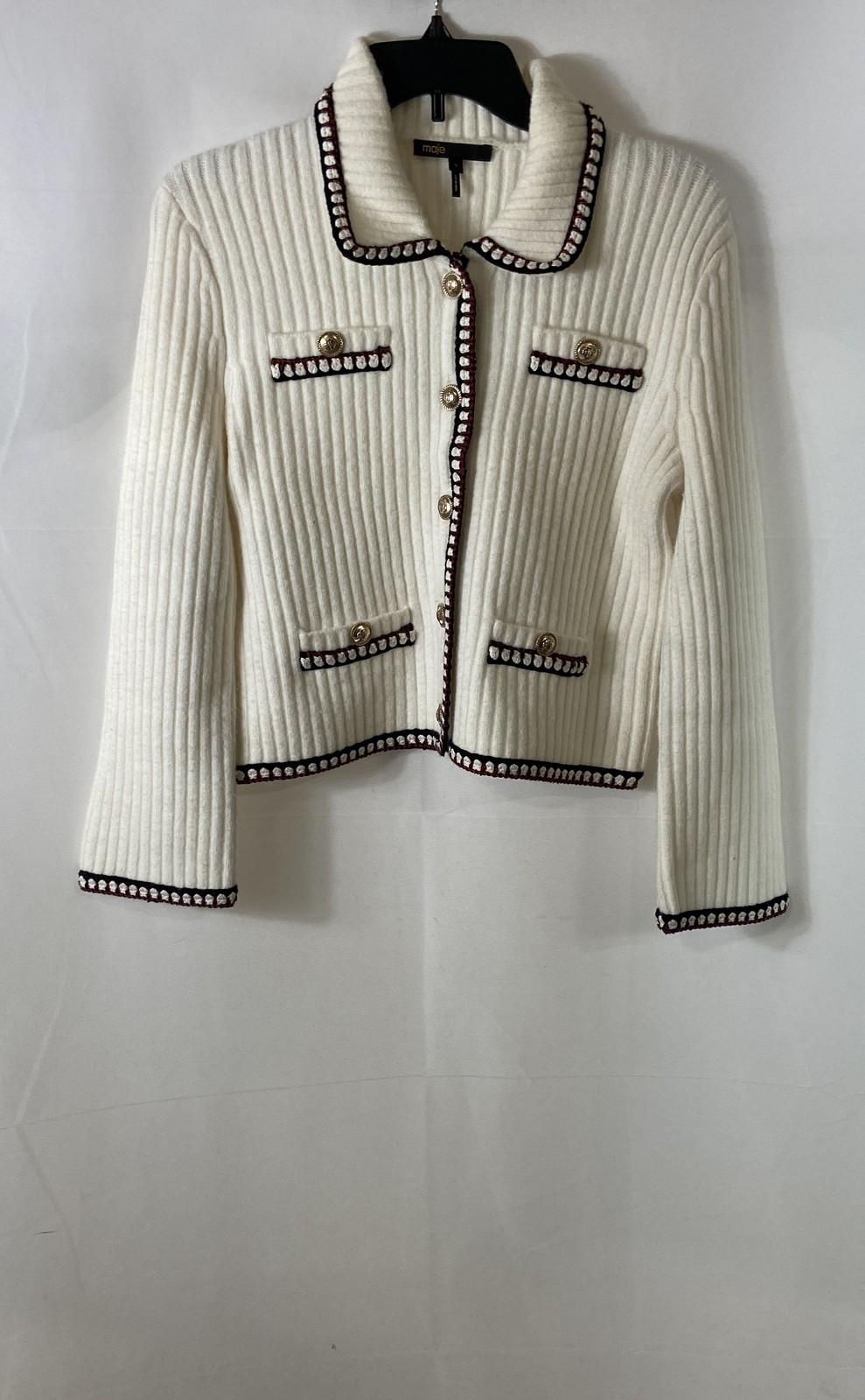Maje Women\'s Ribbed Knit Cardigan Jacket Cream Contrast Trim Gold Buttons Sz 2