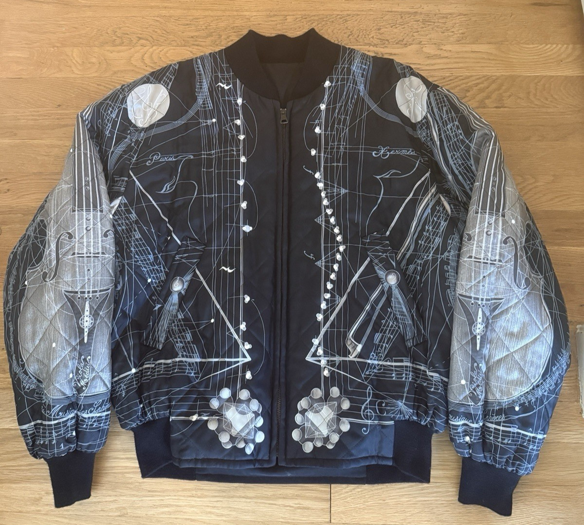 Vintage HERMES Reversible Silk Bomber Jacket La Musique des Sphères Size 48/16
