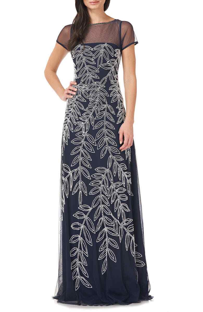 JS COLLECTIONS Beaded Illusion Neck Gown, Jewel neck, Cap sleeves Sz 2, $398 NWT