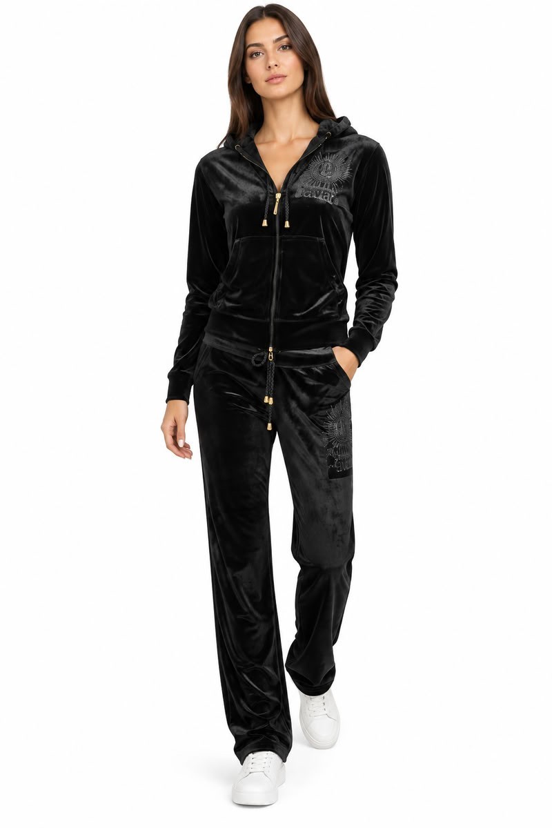 Roberto Cavalli Women’s Black Velour Tracksuit – Embroidered Hooded Set, Size L