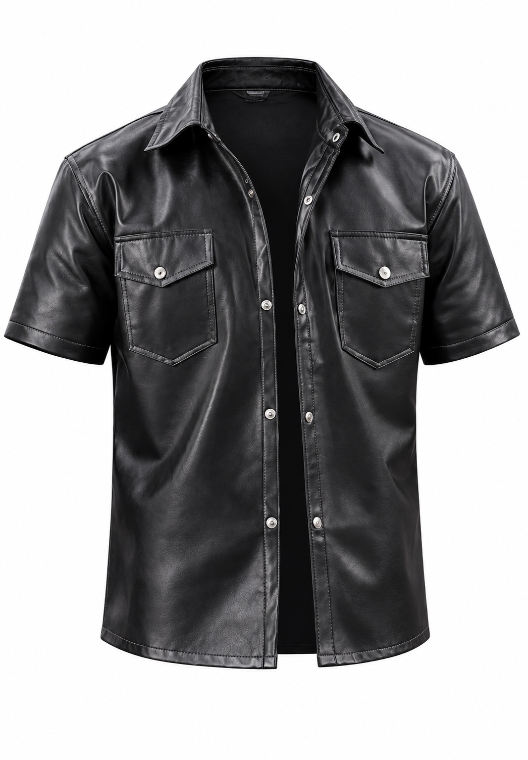Men\'s Genuine Sheepskin Leather Shirt Short Sleeve Button Up Western Casual Top