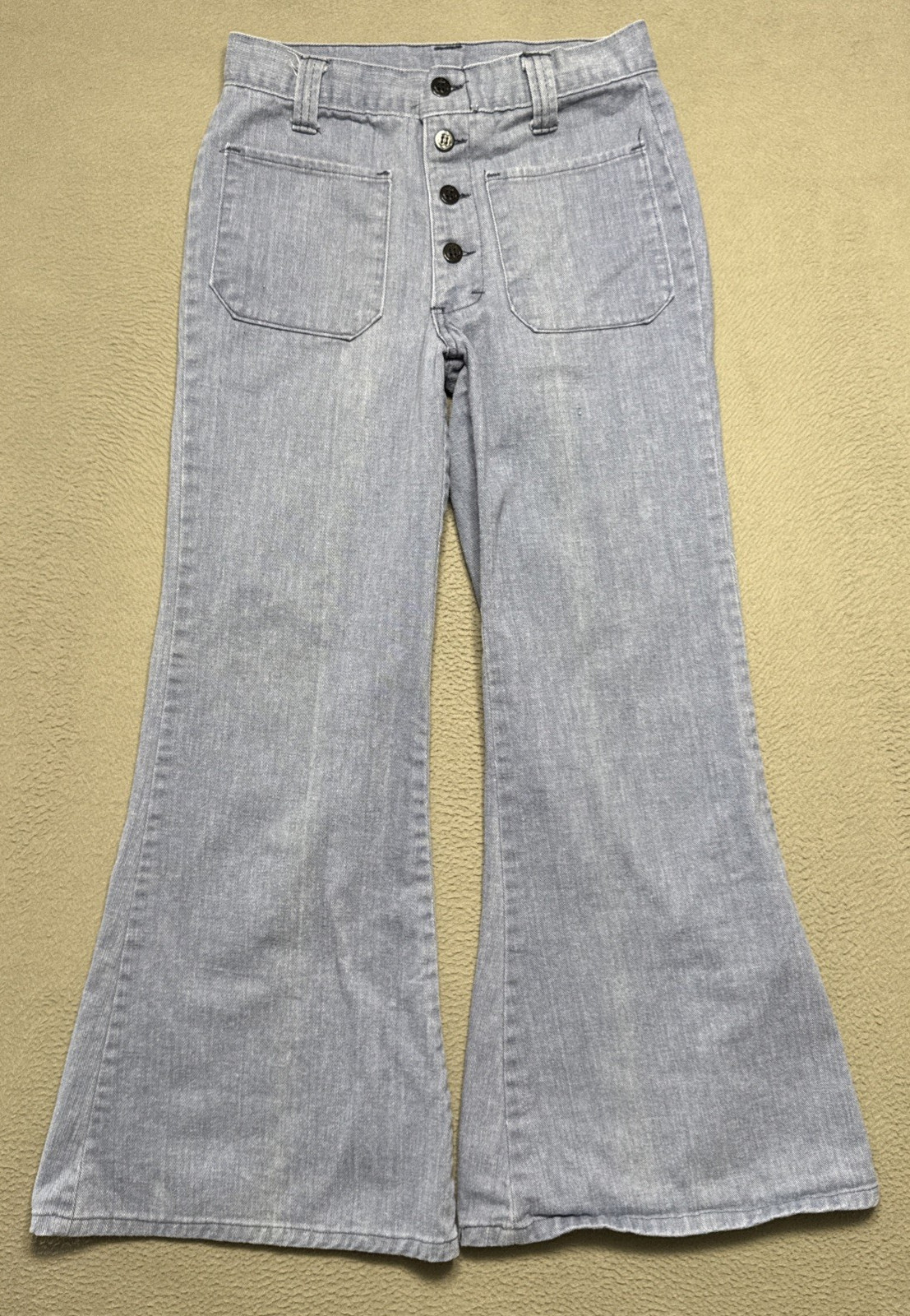 Vintage H.I.S Jeans Womens Sz 26x26 Flare Button Fly Boho Distressed Faded Denim
