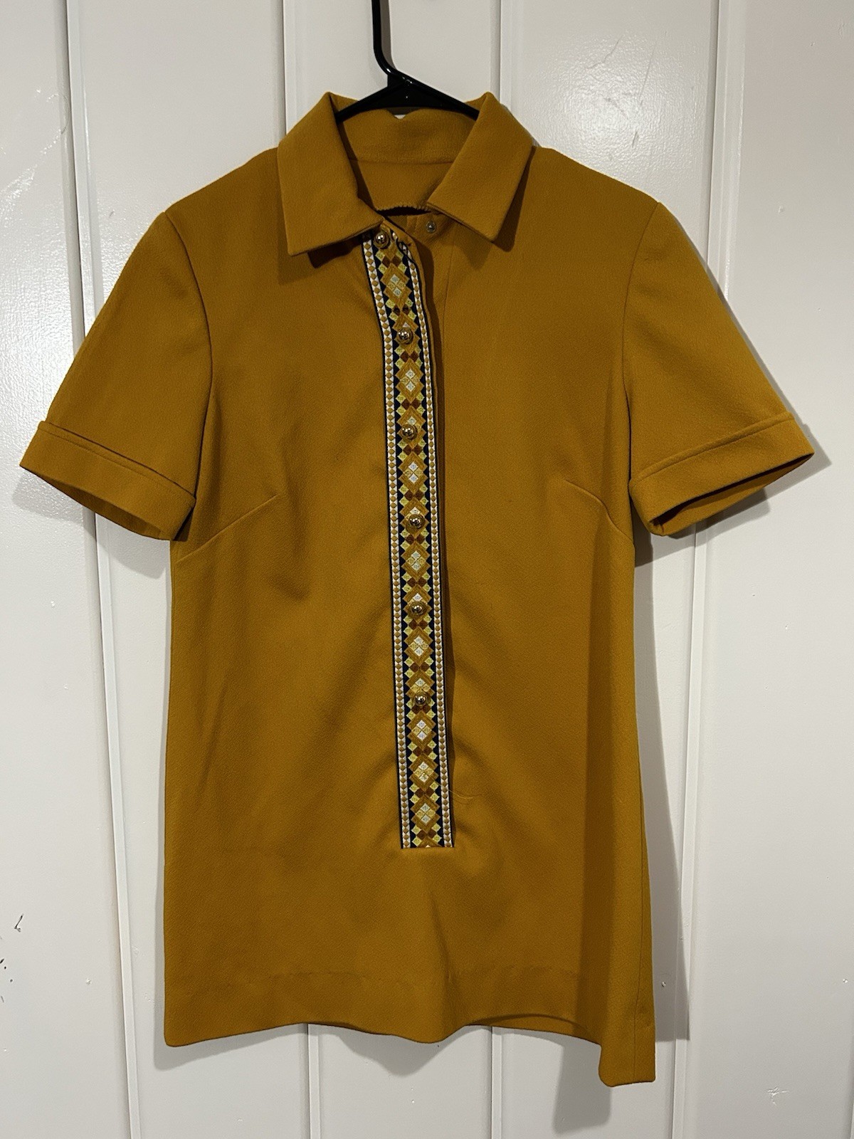 Vintage 70s Mustard Yellow Mod Polo Shirt Geometric Trim Disco Womens S