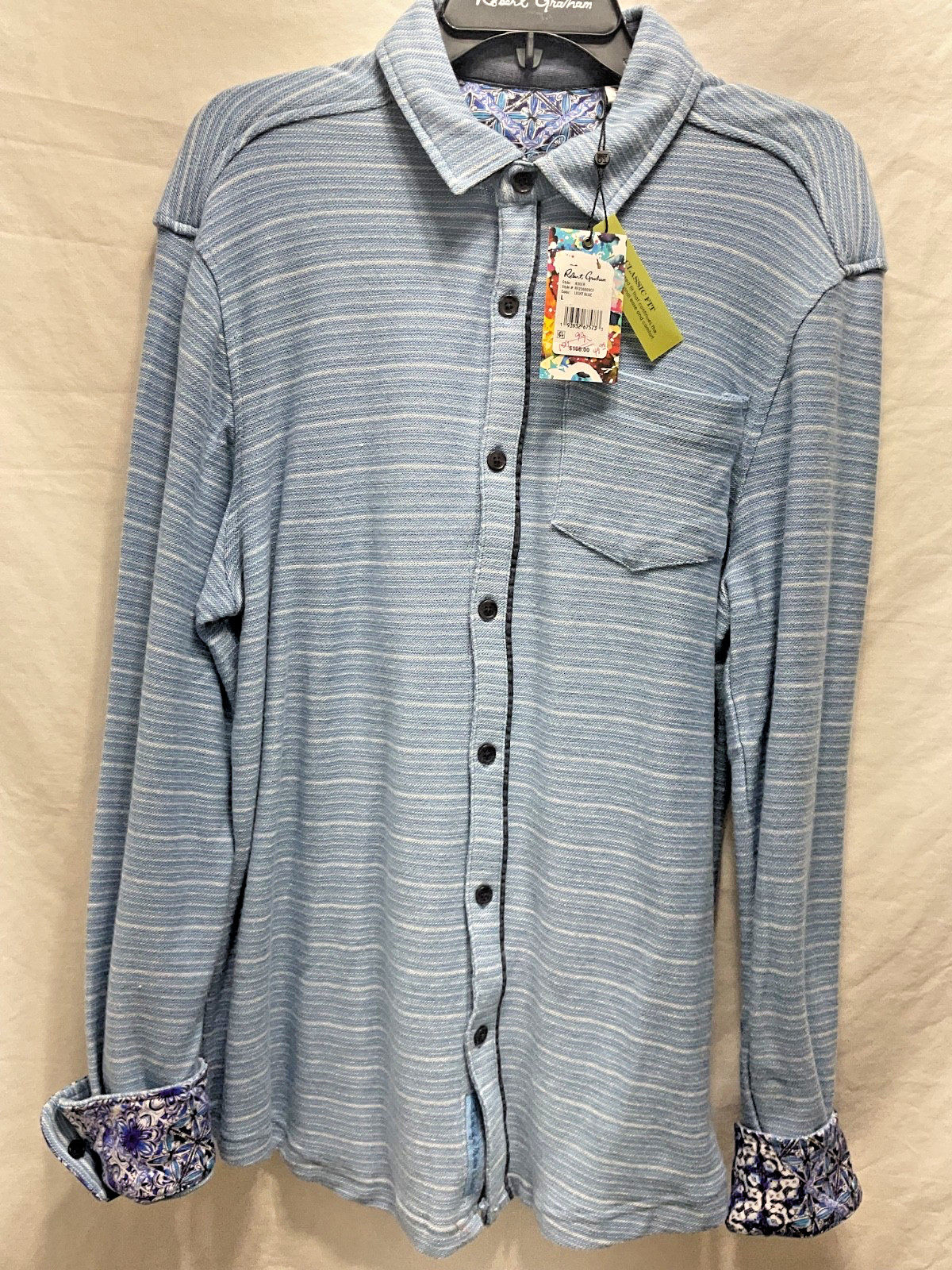 NWT ROBERT GRAHAM Adler LS button light blue stripe L classic fit jacquard terry