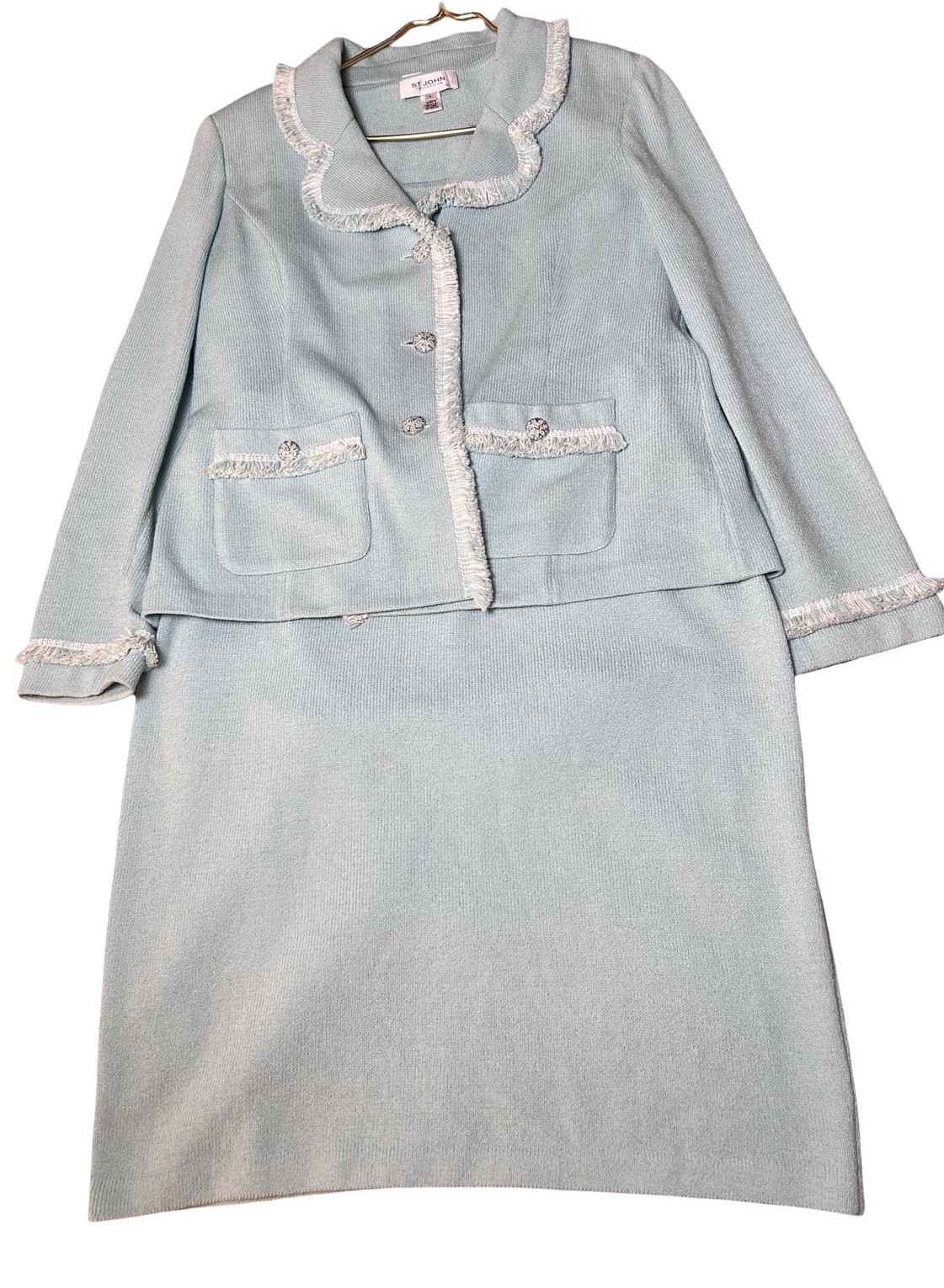 3pc St John Light Blue Lady Jacket Skirt Knit Suit Tank Top Fringed Size 14 READ