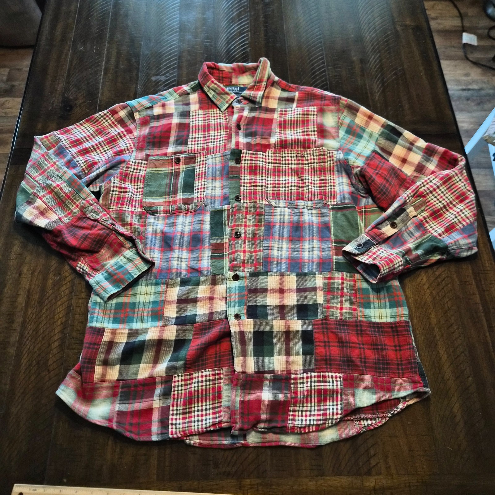 VTG Polo Ralph Lauren Mens Sport Cody Patchwork Flannel Plaid Shirt  Size L G925