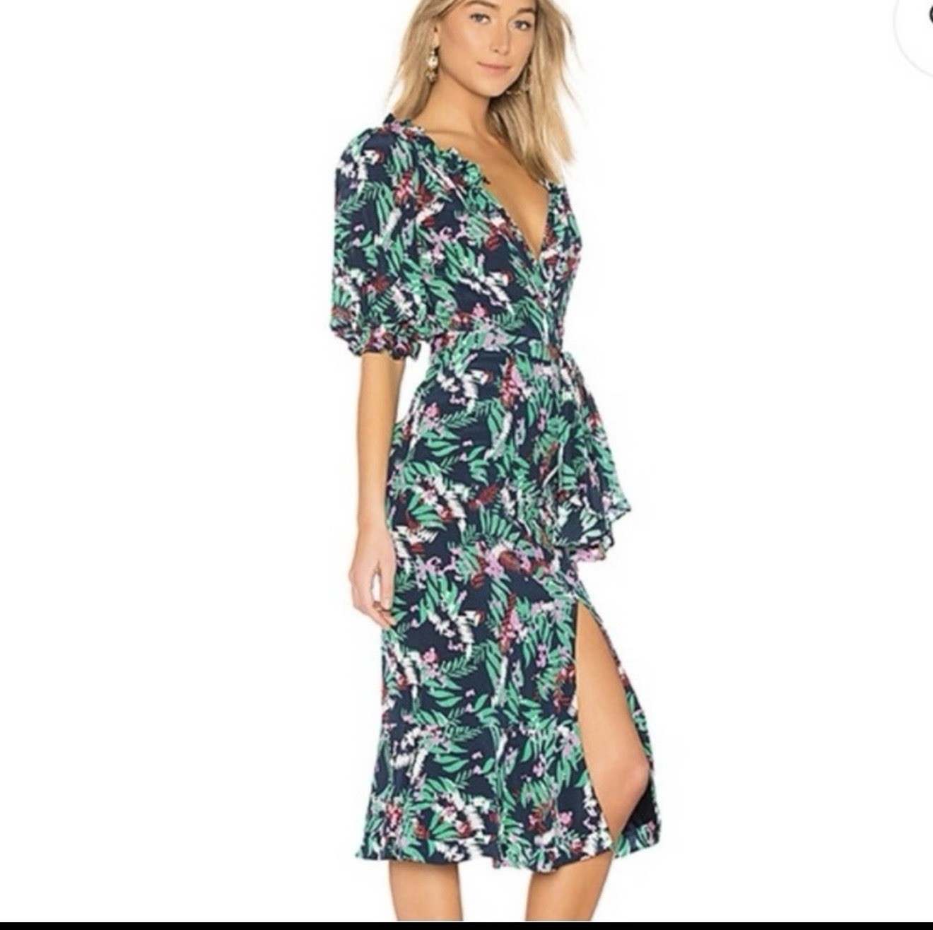 $696 SALONI Olivia Midnight Fern 100% silk midi ruffle  V-neck Wrap Dress US 2