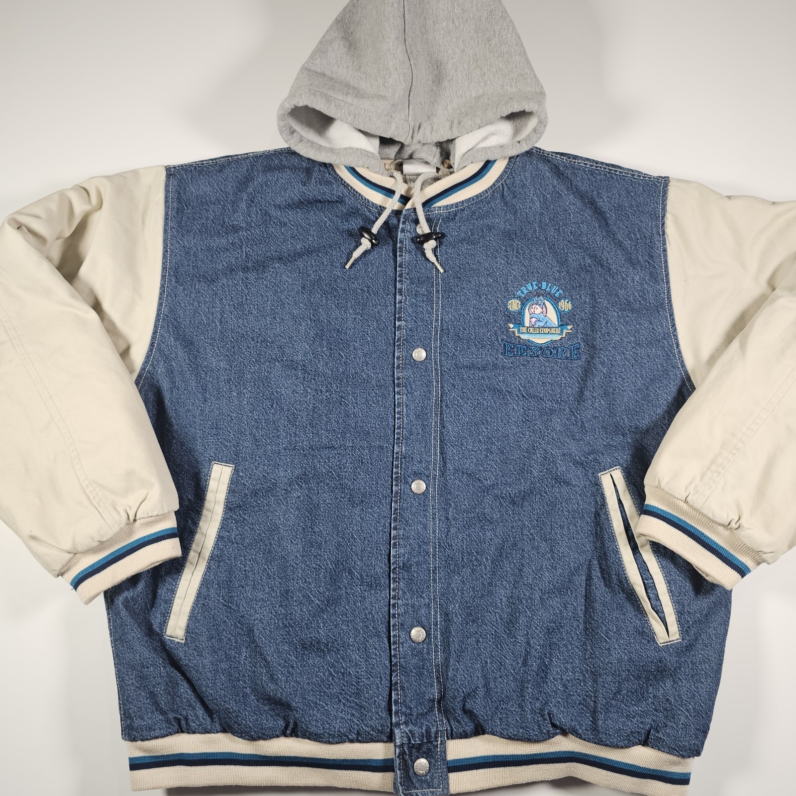 Vintage Disney Store Eeyore Denim Jacket Mens Large Hooded Quilted Lined 90s Y2K