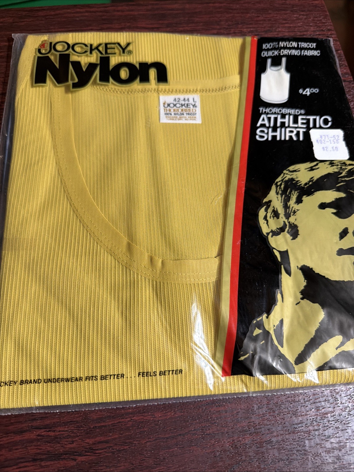 Vintage 1971 Jockey Nylon Thorobred Athletic Shirt Yellow L 42-44  NOS