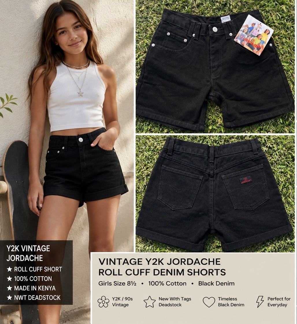VTG Y2K Jordache Black Denim Roll Cuff Shorts Girls 8½ NWT Deadstock 90s Cotton