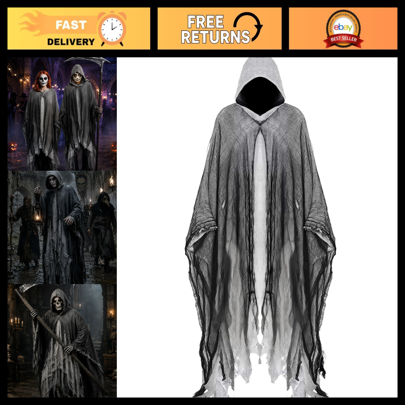 Hooded Grim Reaper Cloak for Men & Women - Halloween Costume Cosplay Prop