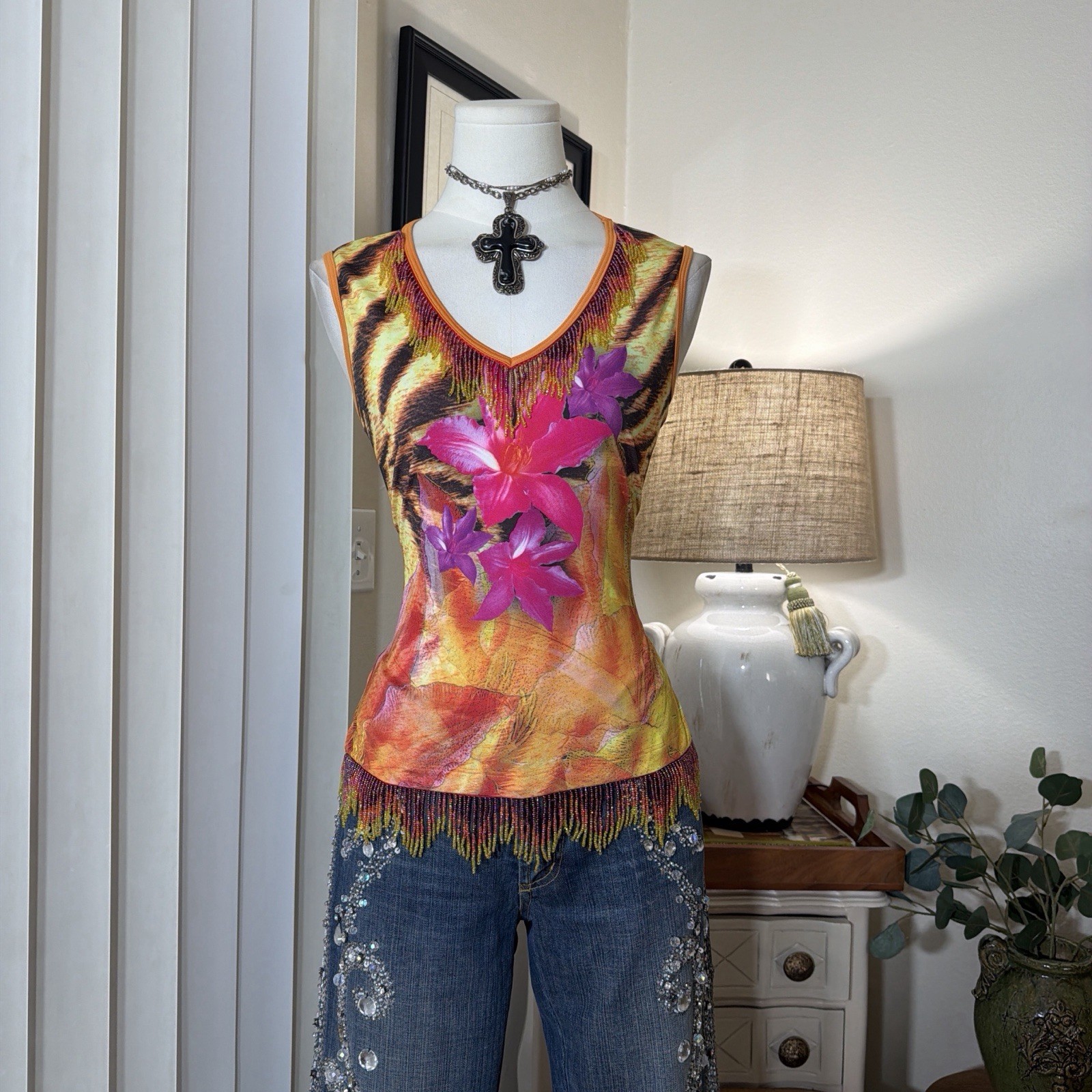 Y2K Vintage Cache Zebra Animal Print Flower Accent Beaded Trim Sleeveless Top