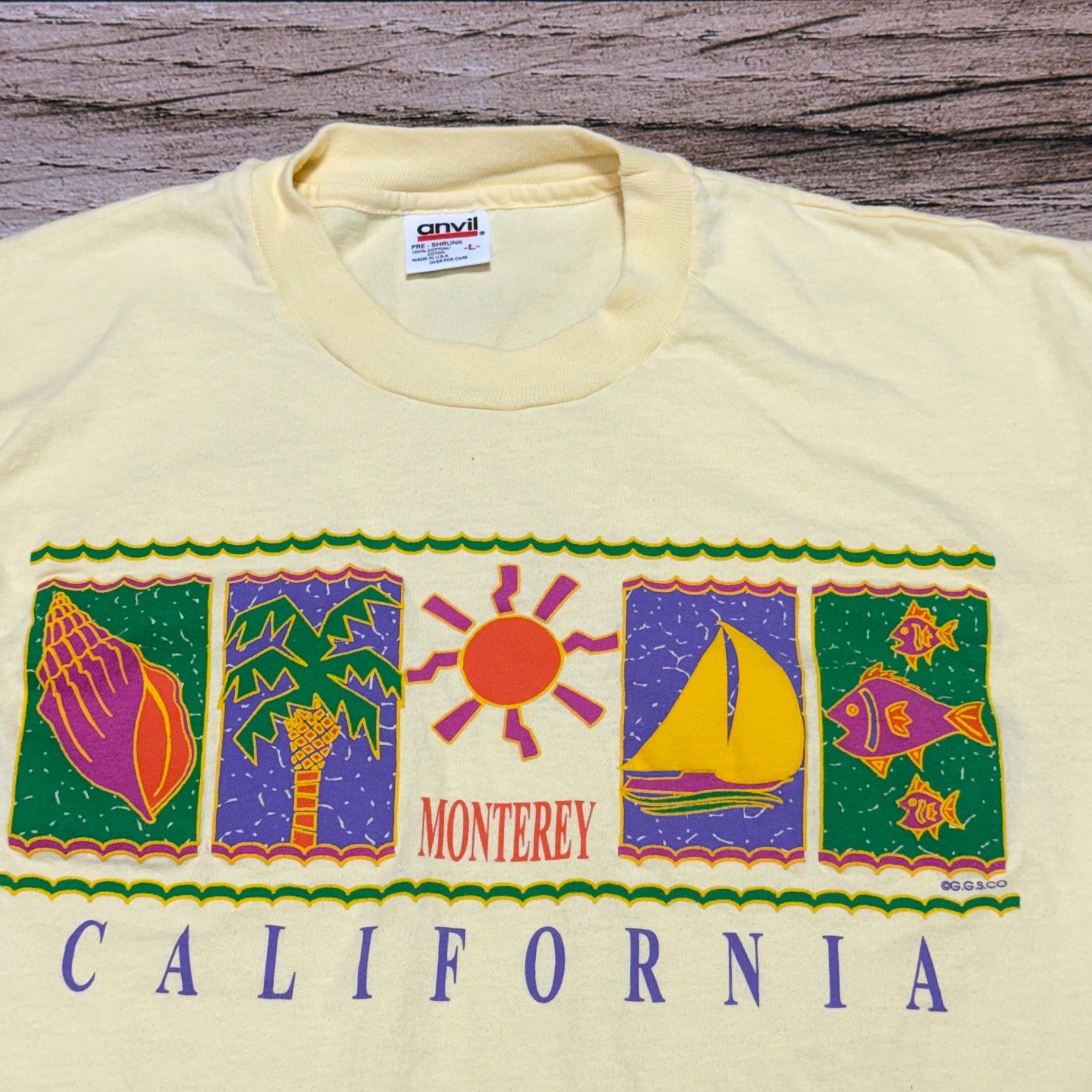 Vintage Anvil T-Shirt Adult Large Yellow Monterey California 90s Single Stitch