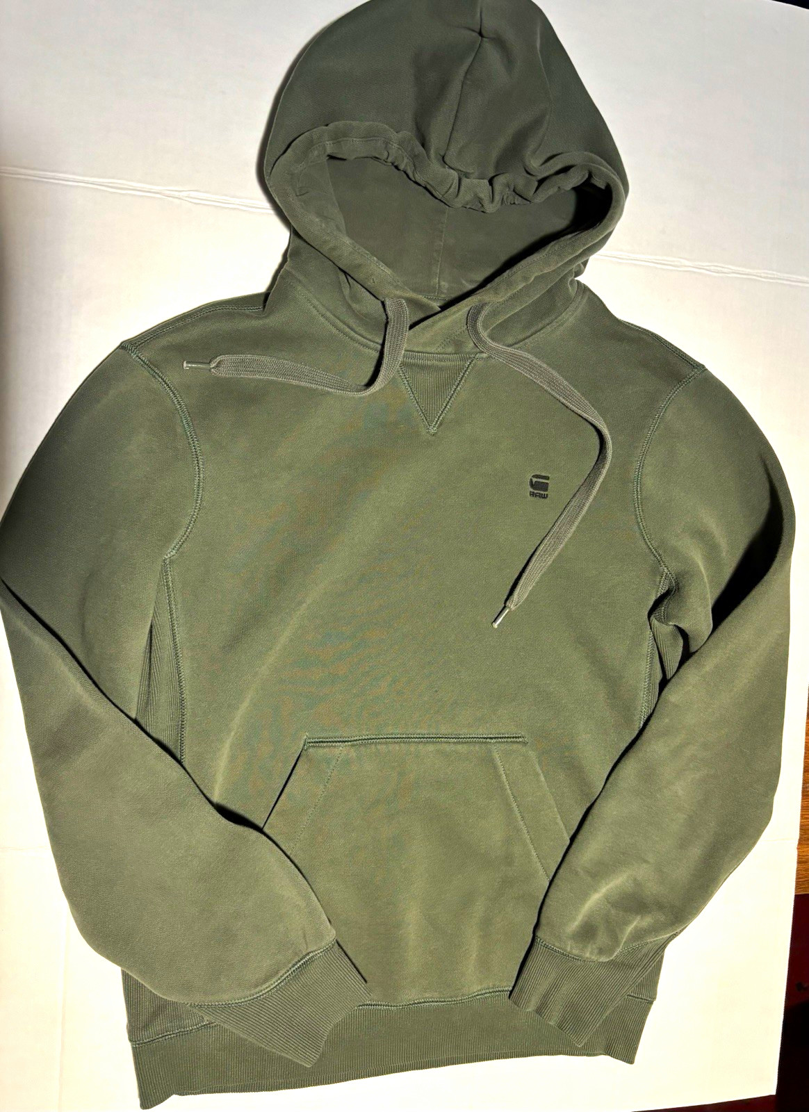 G-Star RAW Men\'s XS Green Solid Pullover Hoodie Fleece Cotton Logo Pockets