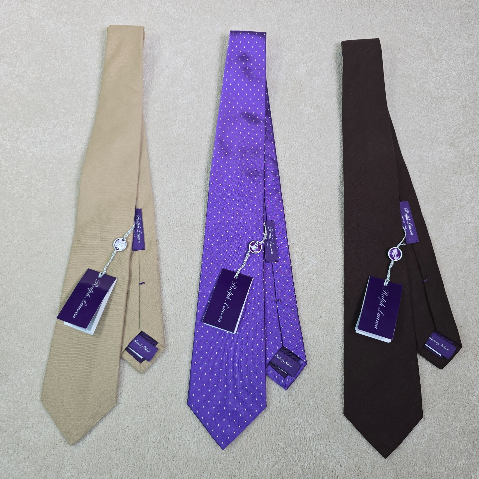 Lot 3 NWT Ralph Lauren Purple Label Ties Silk Linen Polka Dot Tan Brown Purple