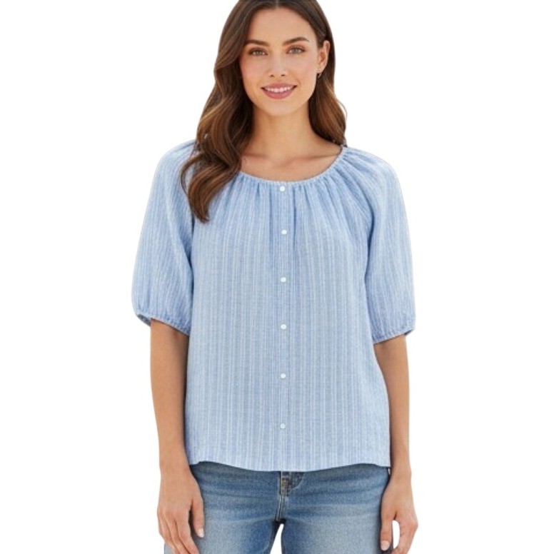 TALBOTS Linen Peasant Blouse Top BLUE CHAMBRAY STRIPE Elastic Puff Sleeve SP S-P