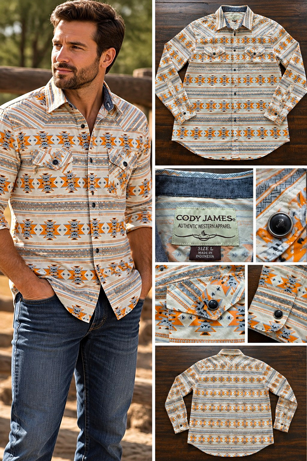 Cody James Men\'s L Cotton Western Geometric Long Sleeve Button-Up Shirt Pockets