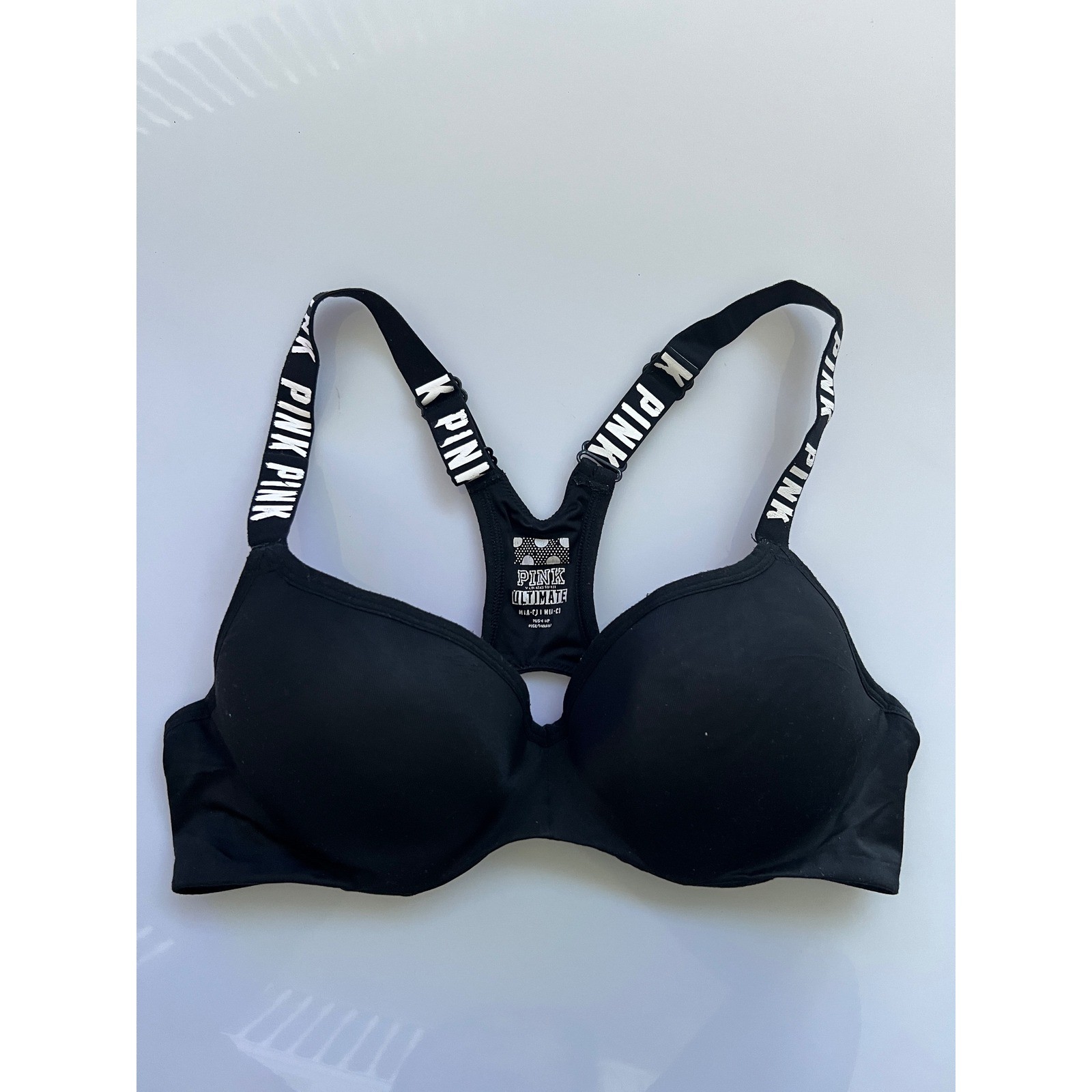 Victorias Secret PINK Ultimate Push Up Sports Bra Black Logo Straps M(A-C)