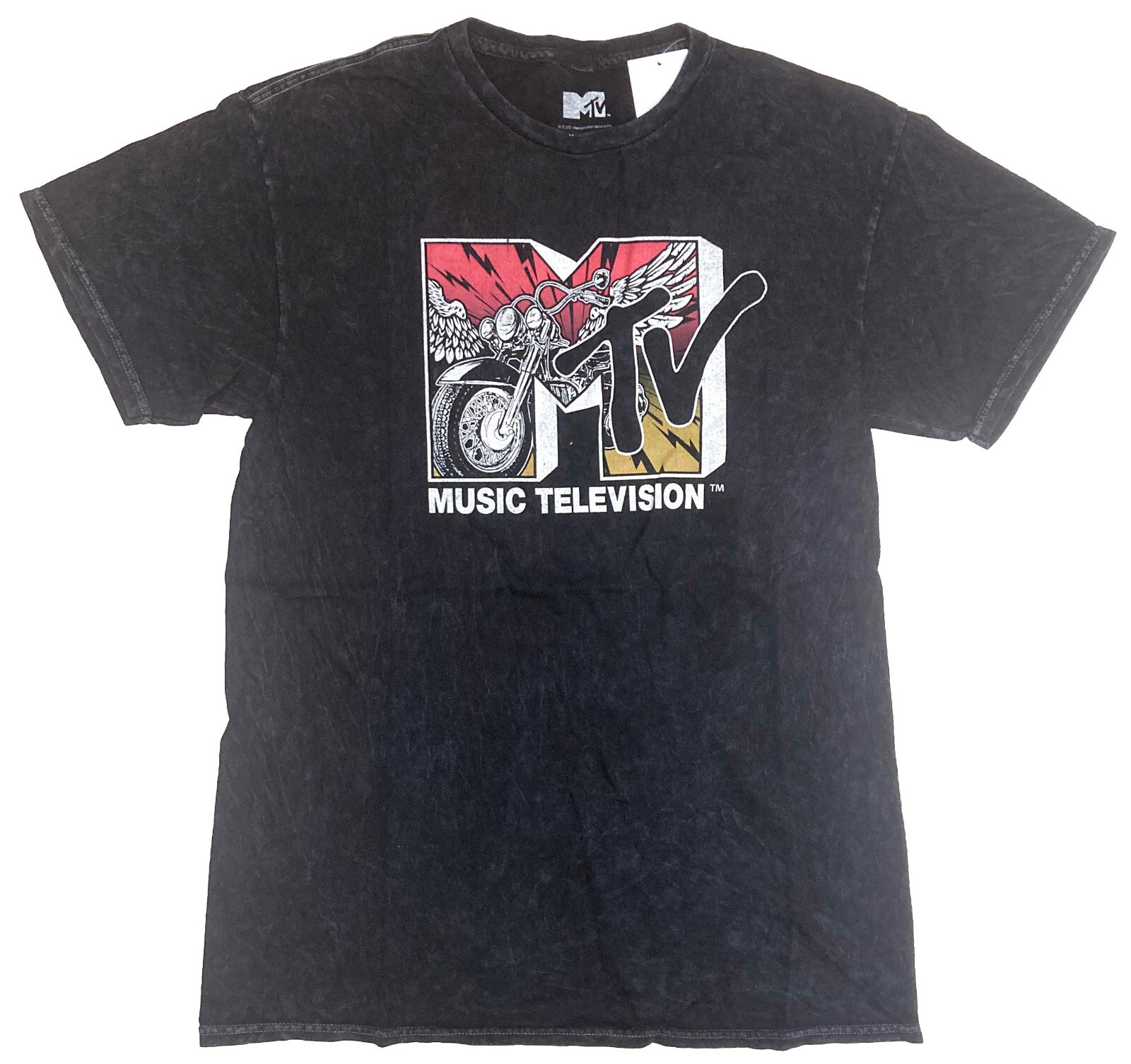 MTV Music Television Classic Motorcycle Logo Men's Black Acid Wash T-Shirt New