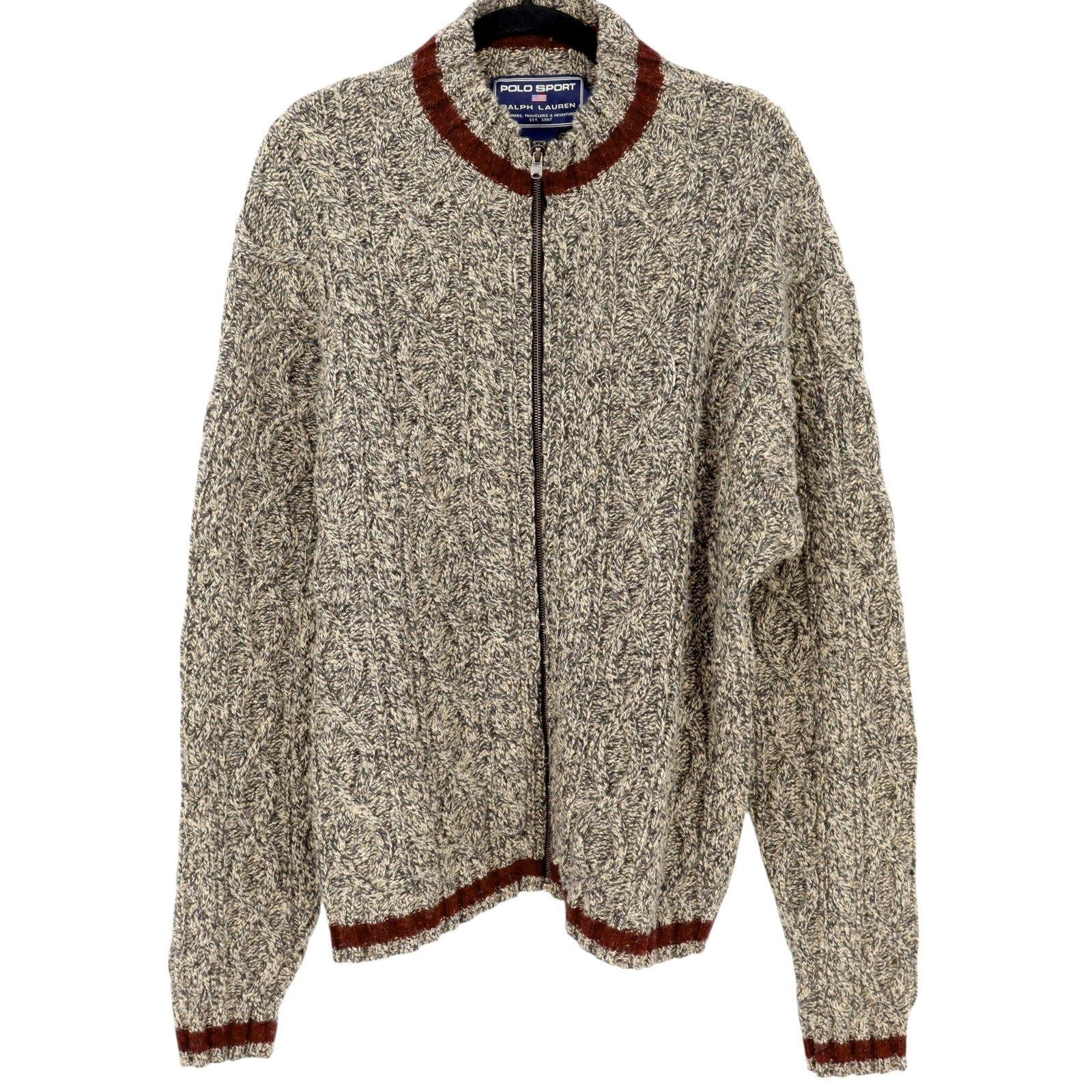 Vintage Polo Sport Ralph Lauren Mens XL Lambswool Cable Knit Full Zip Sweater