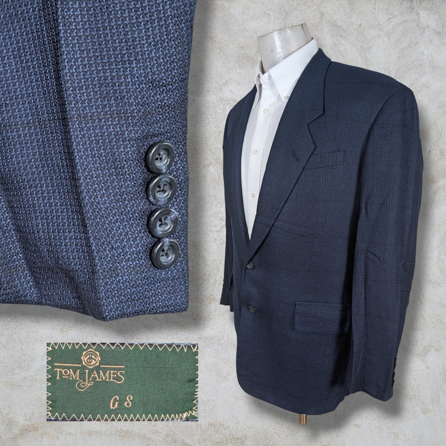 Tom James Blazer Sport Coat Mens 40R Blue Check Windowpane Tweed
