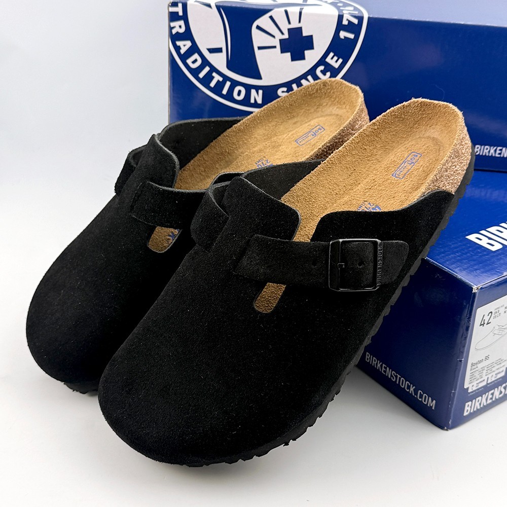 Birkenstock Boston Black Suede Leather Soft Footbed Clogs Unisex New