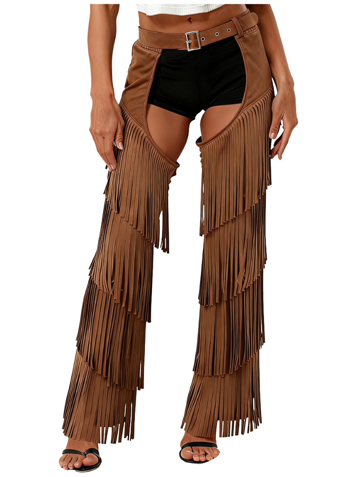 US Women's Cowboy Chaps Layered Tassel Trousers Western Cowgirl Pants Halloween