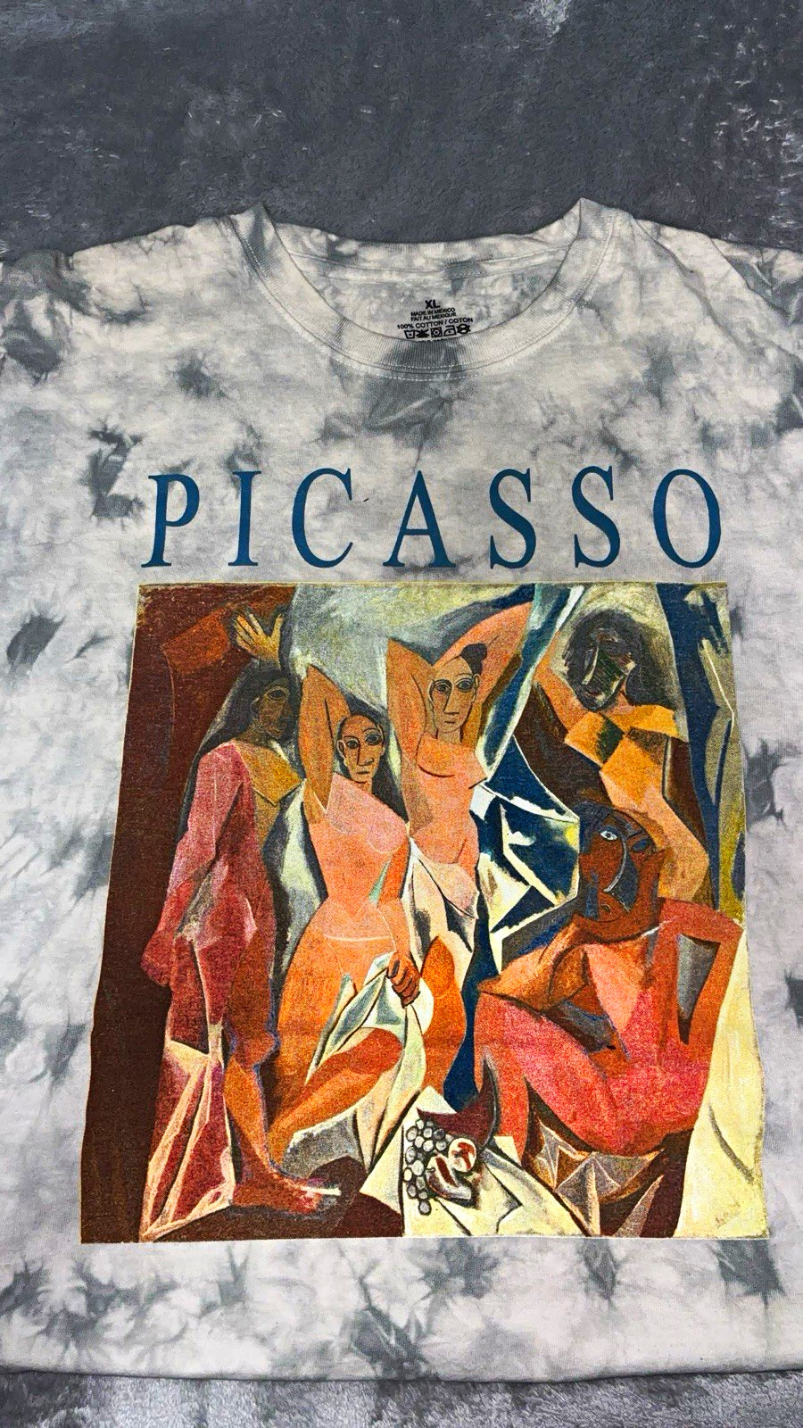 Pablo Picasso Gray/White Tie-Dye Graphic Cotton Crew Neck T-Shirt XL
