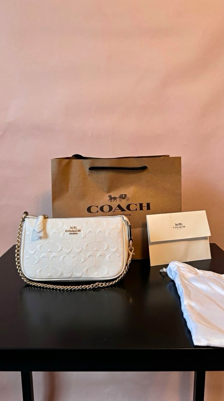 Coach White Embossed Logo Zip Wristlet Pouch w/ Gold Chain Strap, Dust Bag