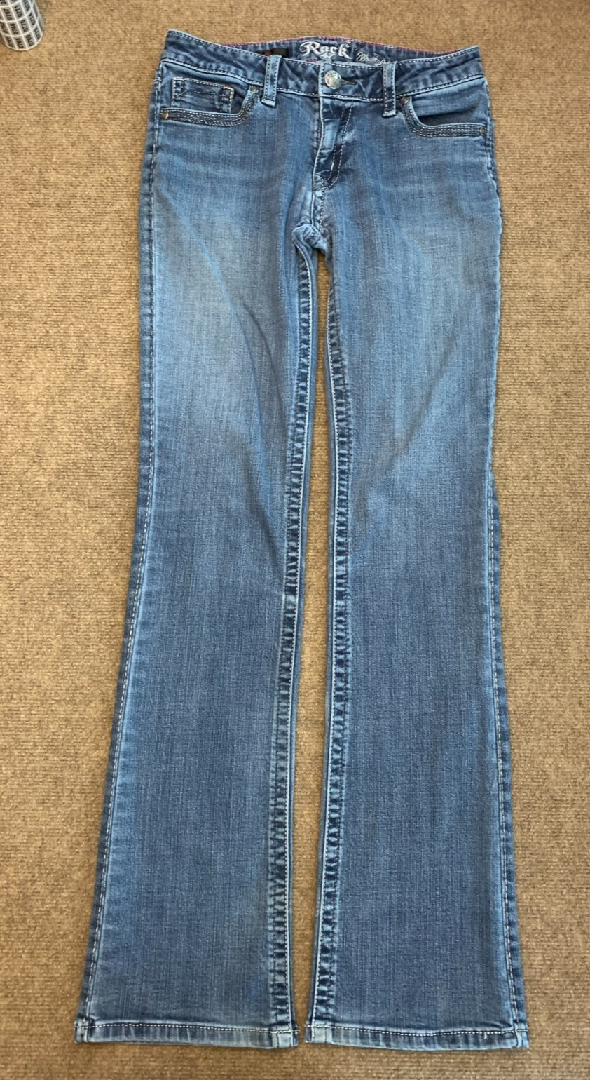 Wrangler Rock 47 Jeans Womens 28x34 Low Rise Bootcut Stretch Whiskered Y2K Denim