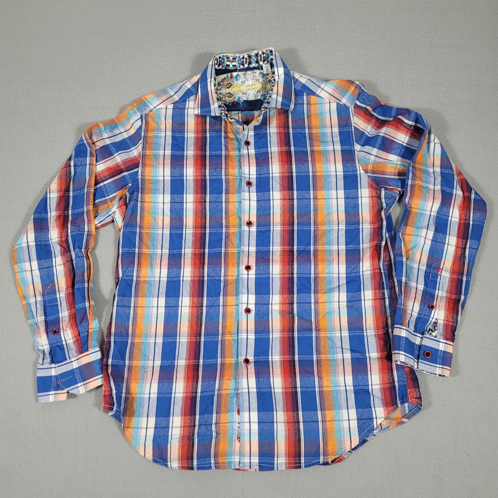 Robert Graham Mens Plaid Paisley Button Down Shirt Blue Orange Long Sleeve