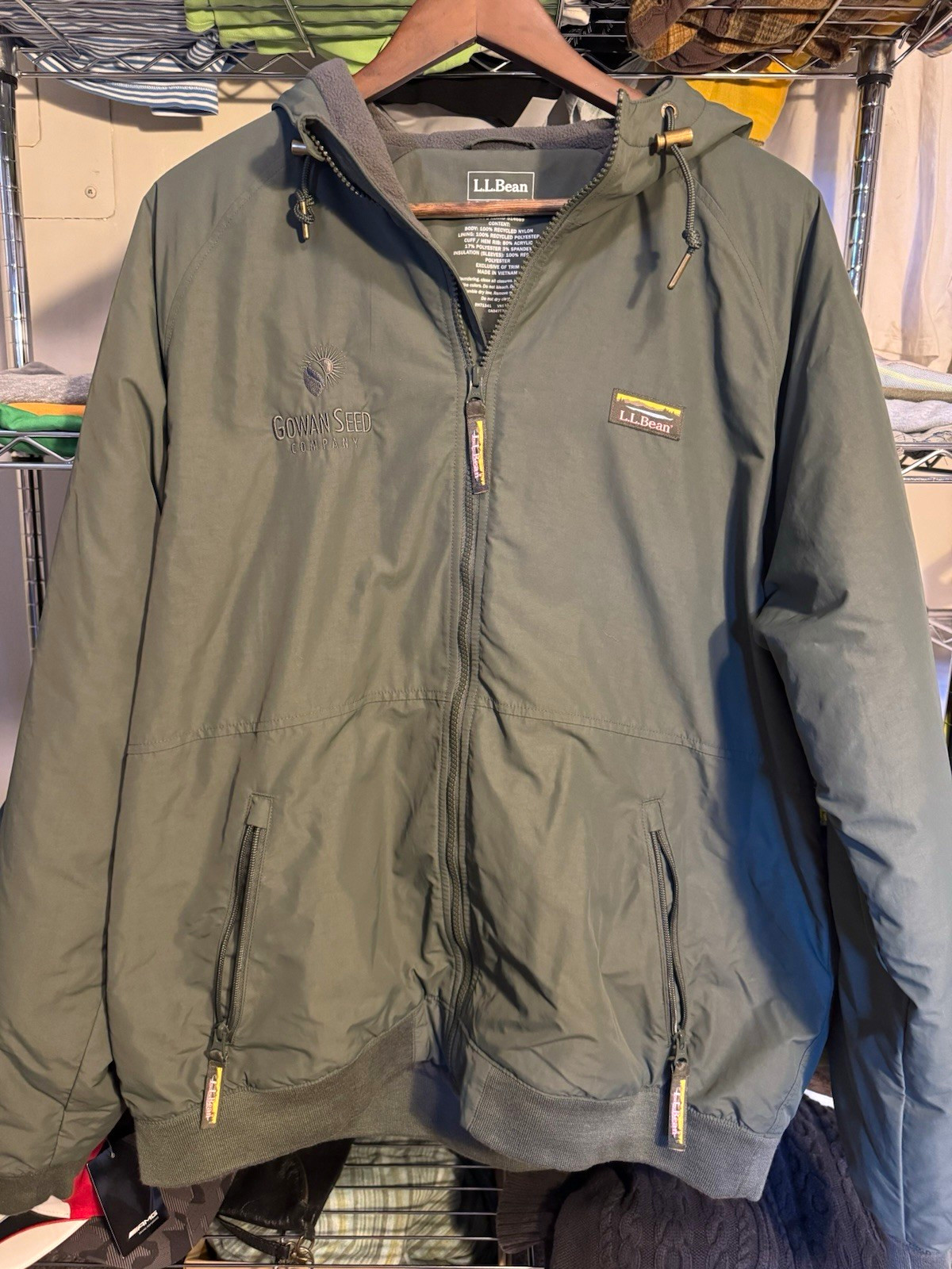 L.L.Bean Men’s Green Hooded Full Zip Bomber Jacket Embroidered Logo