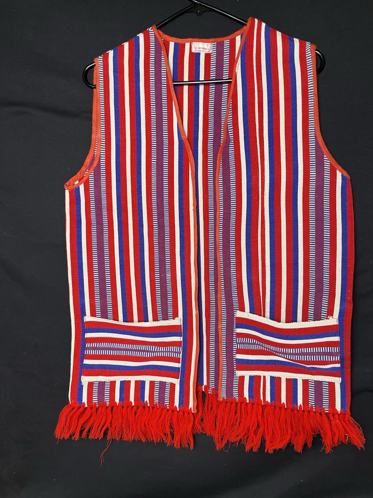 Vintage 1970s Red, White & Blue Striped Long Open Vest w/ Pockets + Fringe Sz Lg