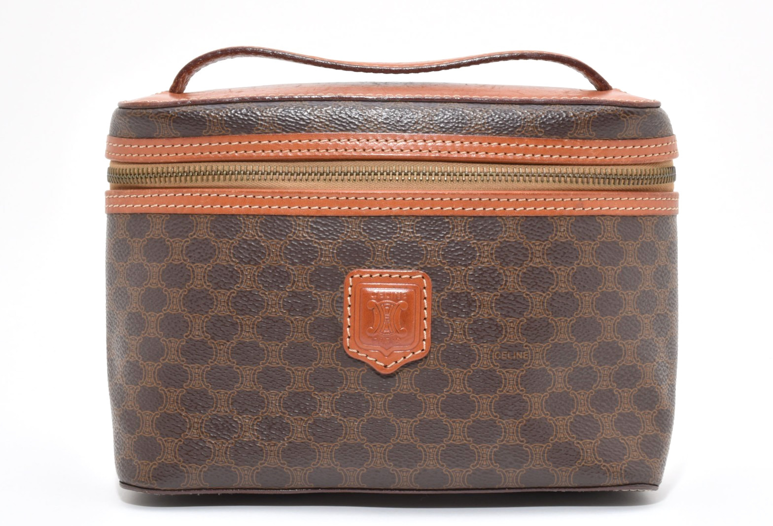 CELINE [Rank A] Macadam Vanity Hand Bag Purse Cosmetic Pouch Brown Authentic