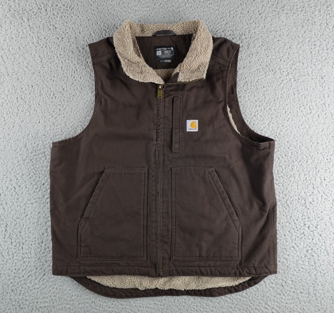 Carhartt Gilet Vest Mens Large Brown Sherpa Lined Duck Canvas Full Zip 0V4277-M