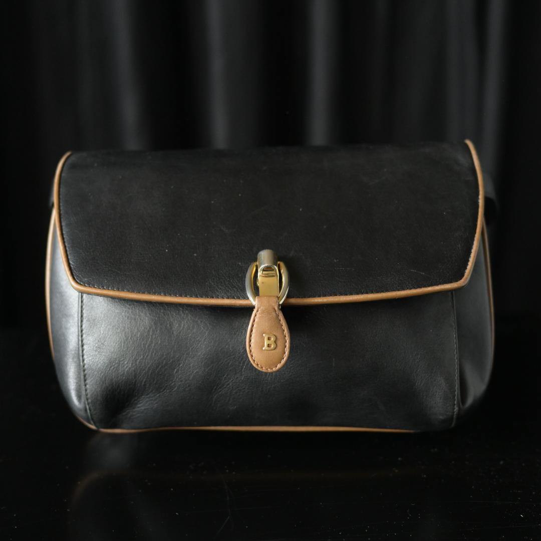 BALLY Old Barry Leather Shoulder Bag B Logo Made in Italy Black