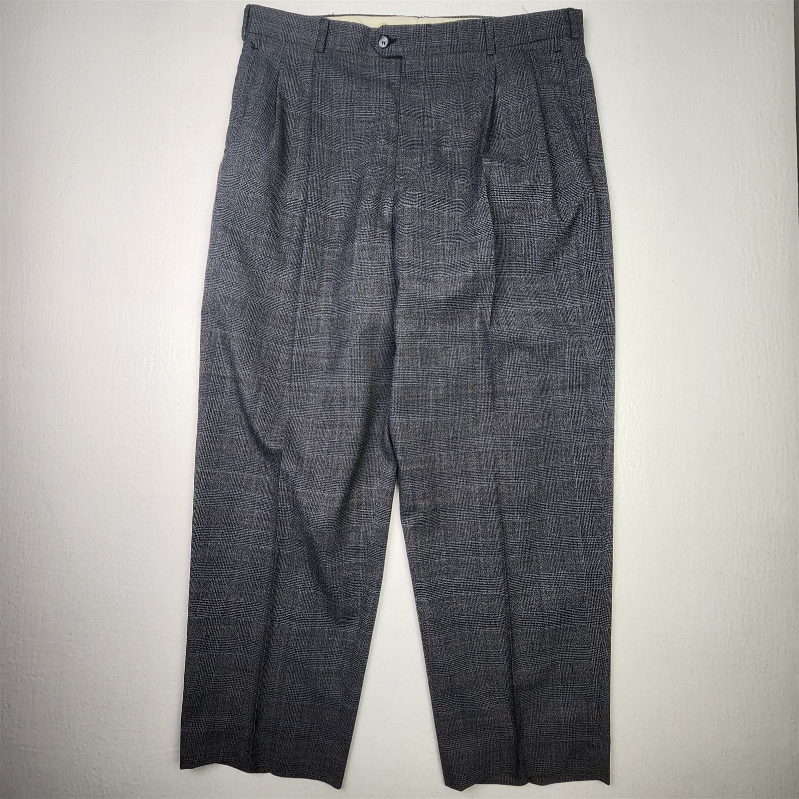 Vtg USA MADE 36x30 Gray Glen Check Wool Tweed High Waist Old Money Dress Pants