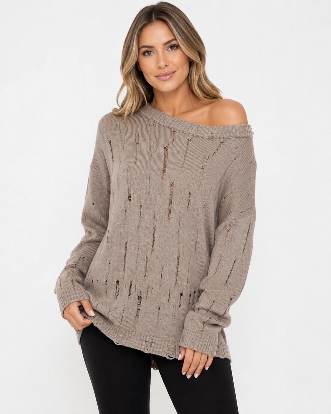 Planet by Lauren G Beige Pima Cotton Undone sweater size OS Distressed Lagenlook