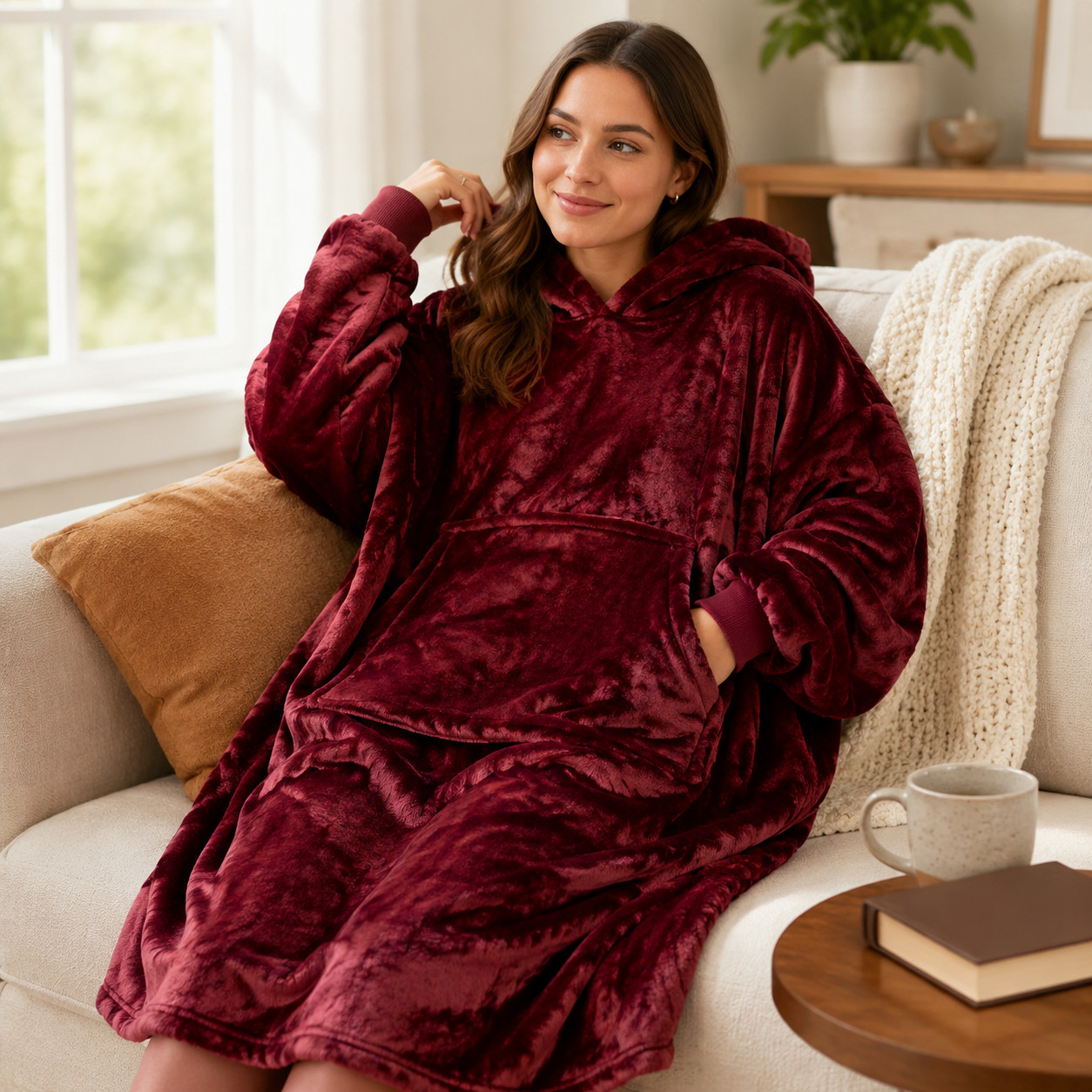 Oversized Wearable Blanket Hoodie, Soft Flannel Cozy Hooded Blanket Sweatshirt
