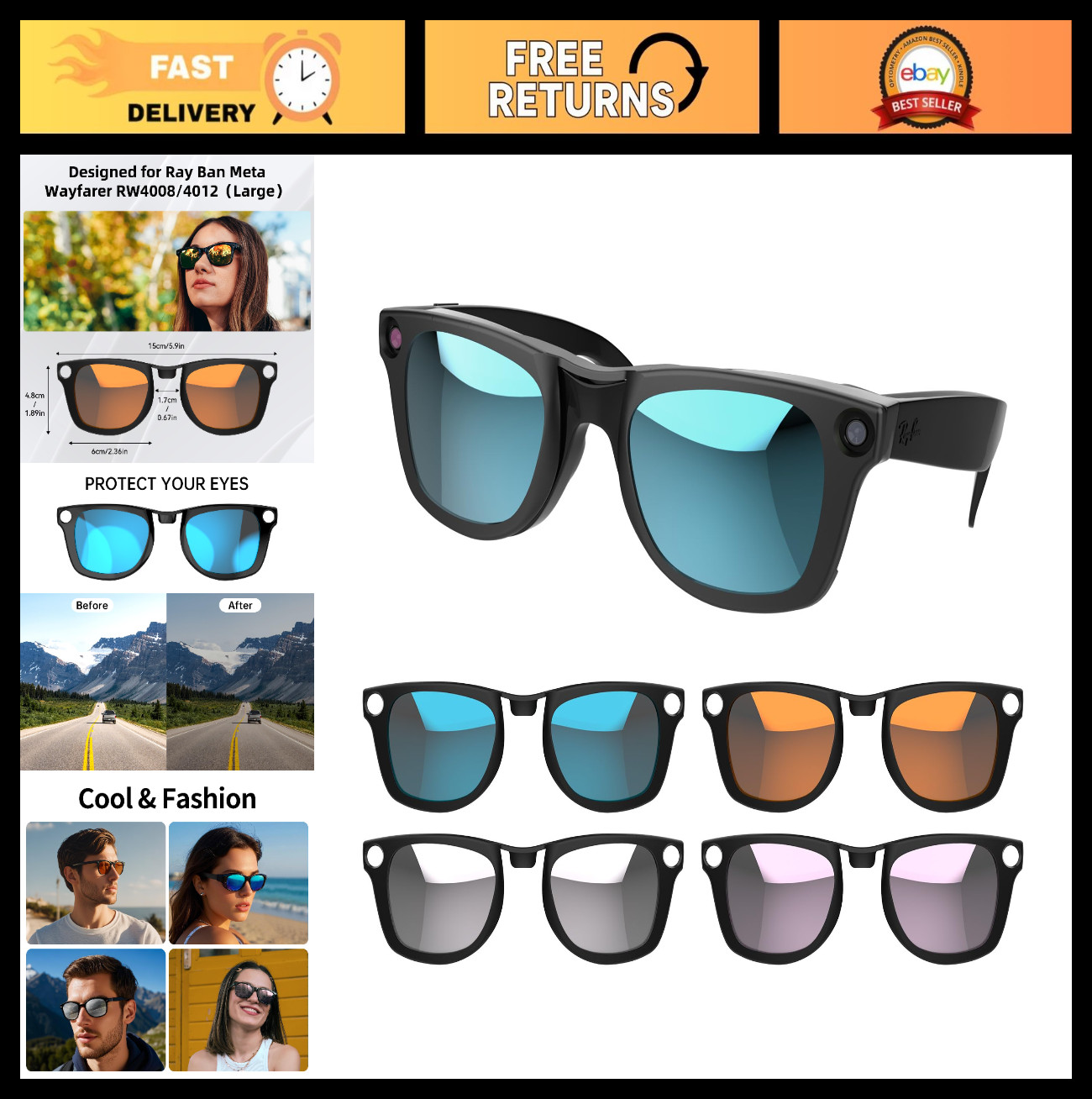 4Pcs Polarized Clip-On Sunglasses for Wayfarer & Gen 2 Smart Glasses - Color Cha