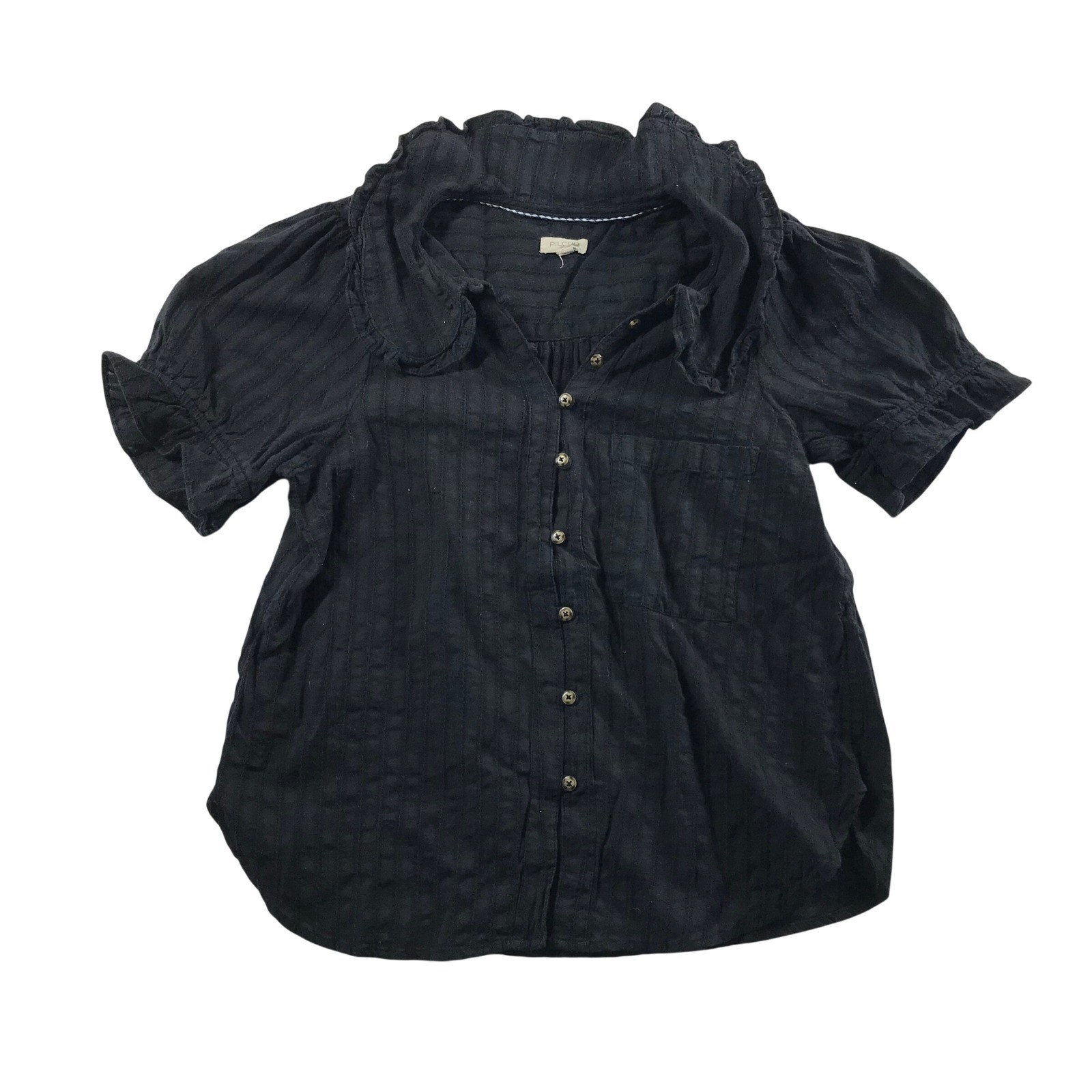 Pilcro Anthropologie Black Ruffle Collar Cotton Button Down Top Large
